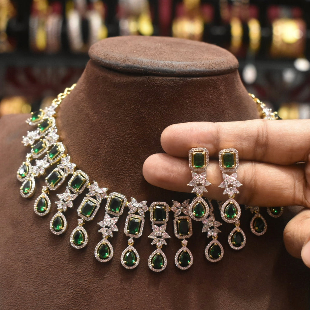 Elegant Green Zircon Gold-Rhodium Plated Necklace Set