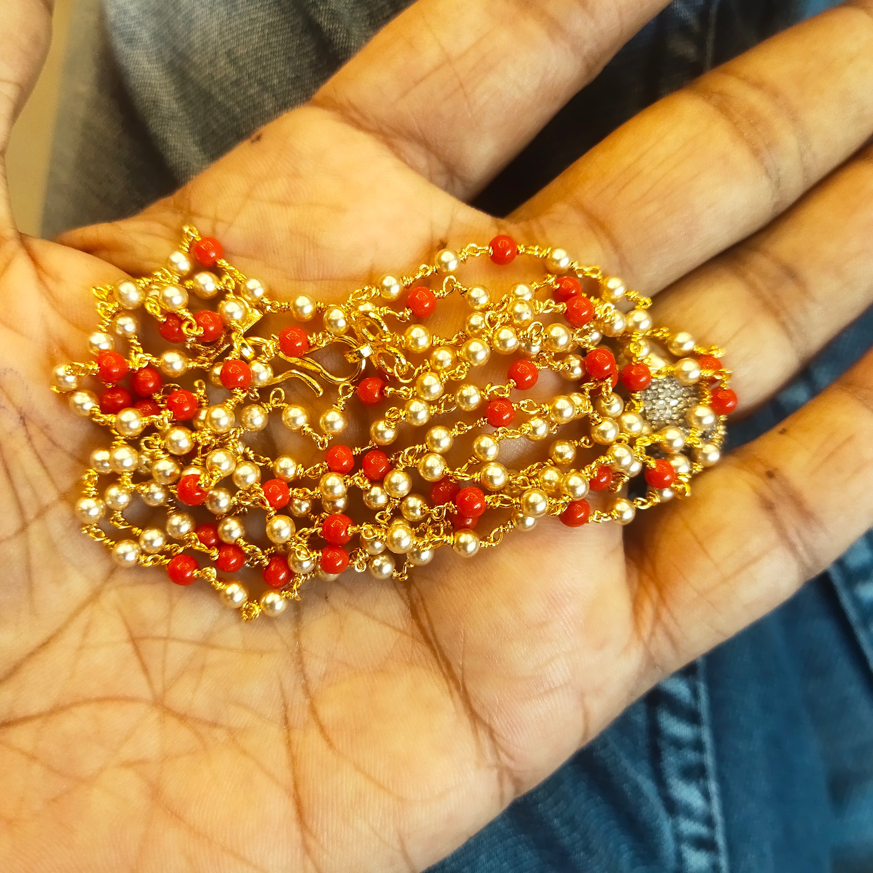 2-Strand Pearl & Coral Beaded Necklace with Gold Links 166588041449