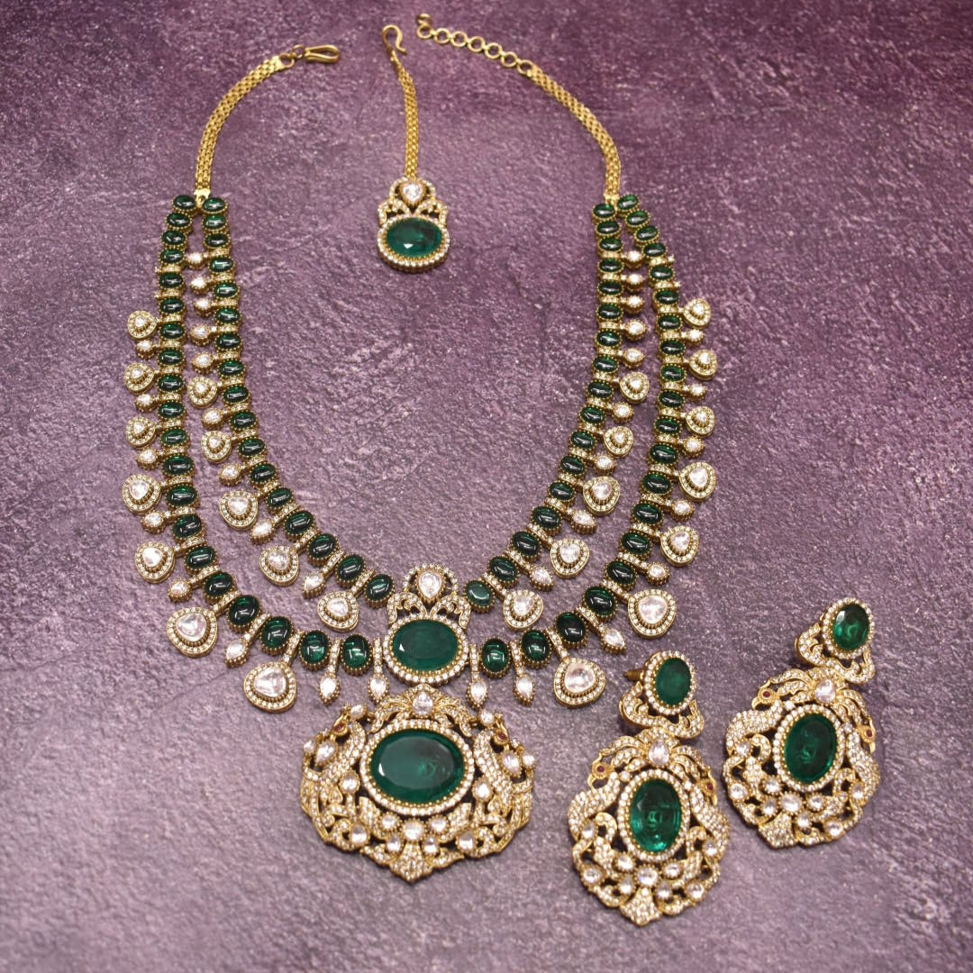 Moissanite Kundan Necklace Set - 24K Gold Emerald Maang Teeka Wedding Jewelry