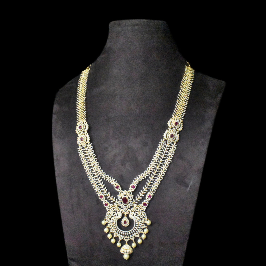 Layered American Diamond Haram with Pendant - Ruby & Pearl Necklace Set