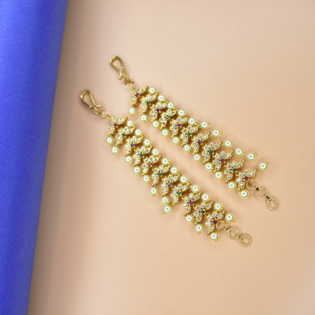 Antique CZ Pearl Straight Ear Chains - 24K Gold Plated 12cm