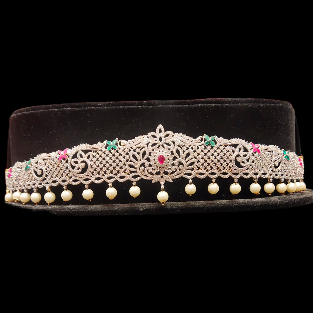 American Diamond Vaddanam - Colored Stone Pearl 24K Gold Belt