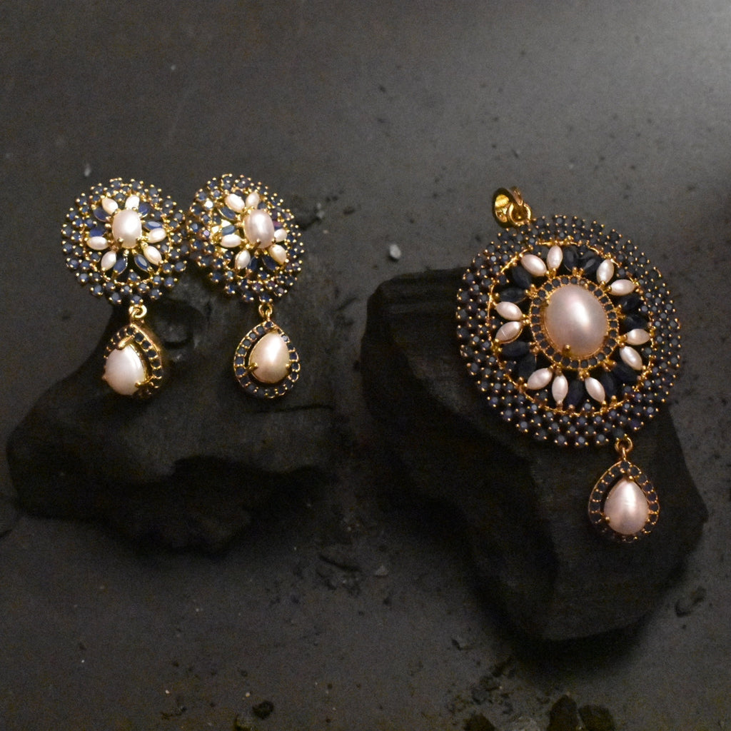 Blue CZ & Pearls Pendant Set - Captivating Design