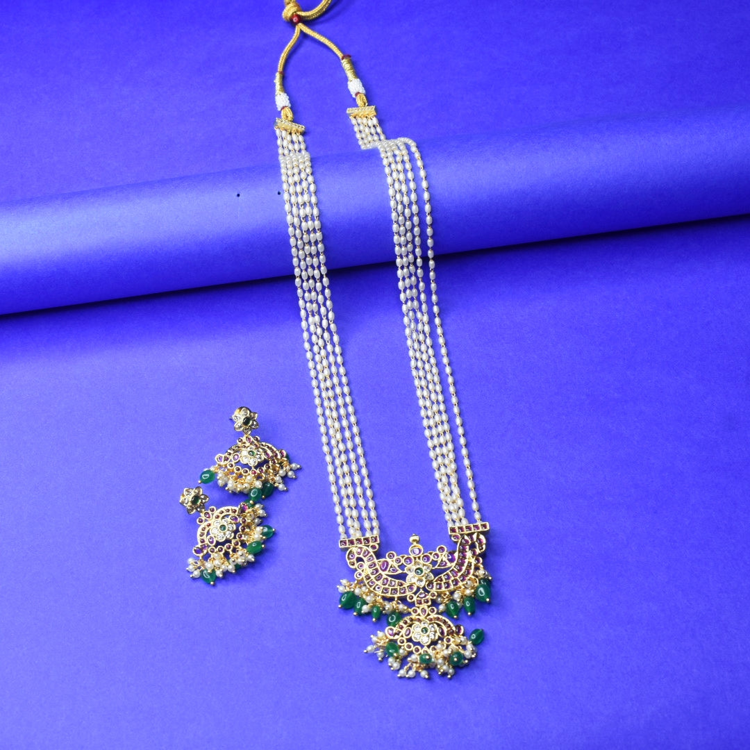 Rice Pearl & Kemp Rani Haar Set | 24K Gold Plated South Indian Necklace with Earrings