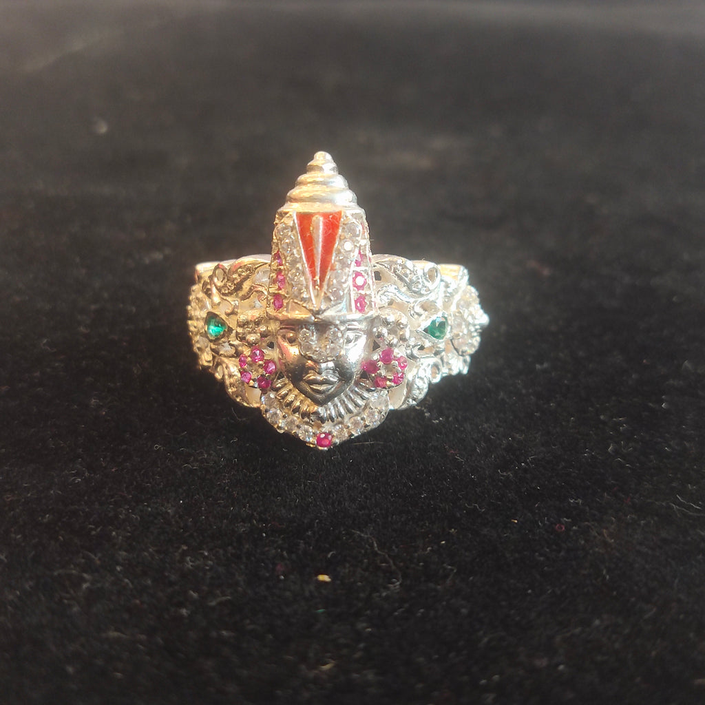 Lord Venkateswara Balaji Silver Ring - Temple Jewelry with Ruby & Emerald Stones