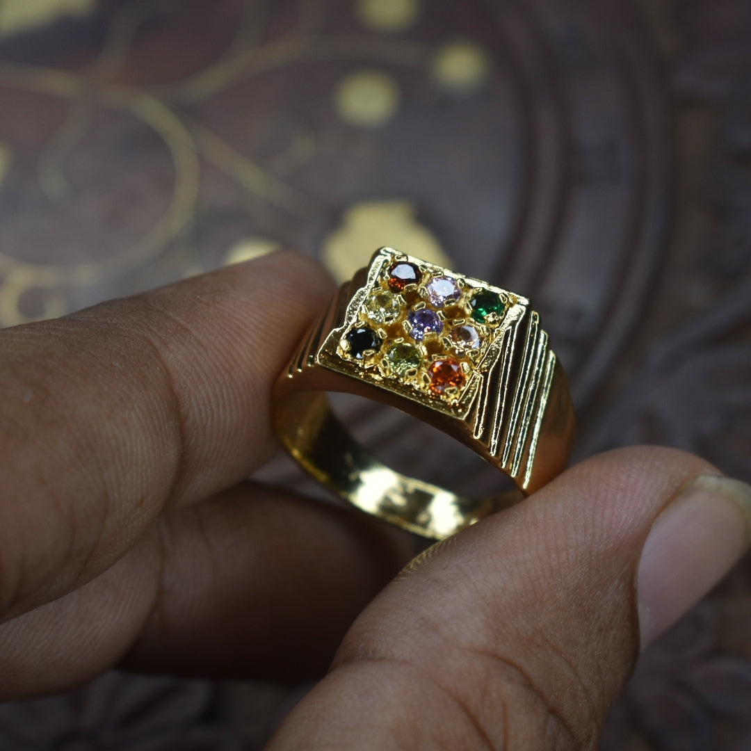 Navratna Ring for Men - 24K Gold Plated Nine Gemstone Silver Ring