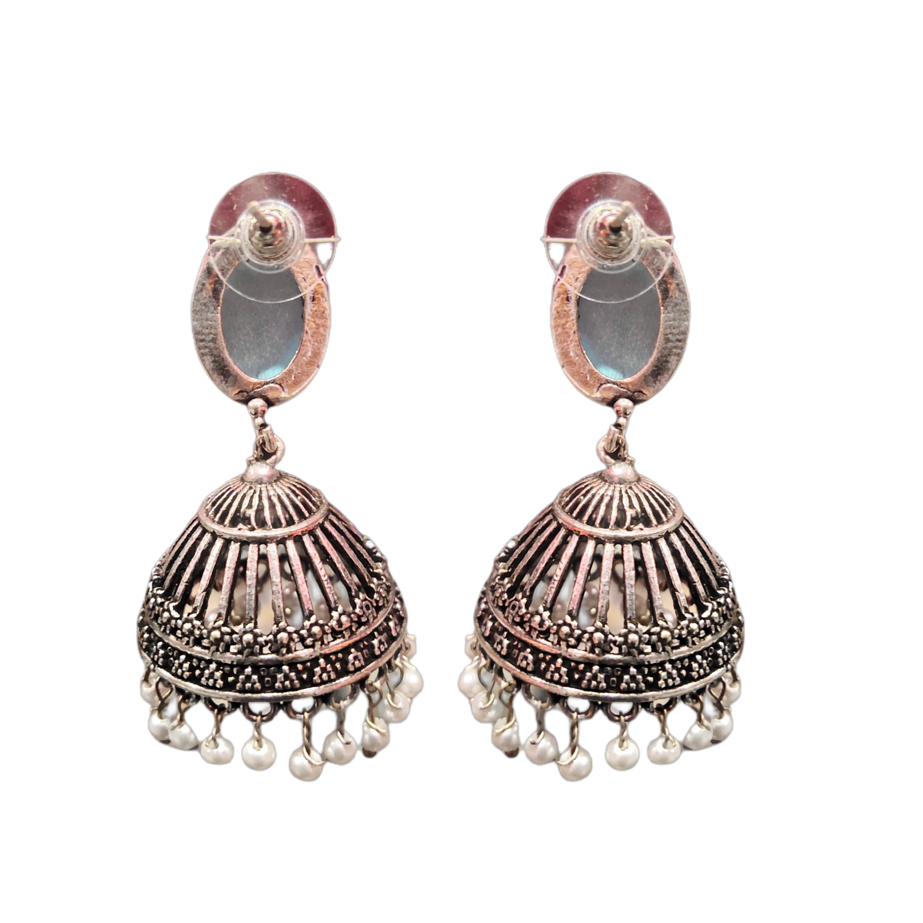 Oxidized Silver Jhumka with Red Pearls - Elegant Traditional Earrings
