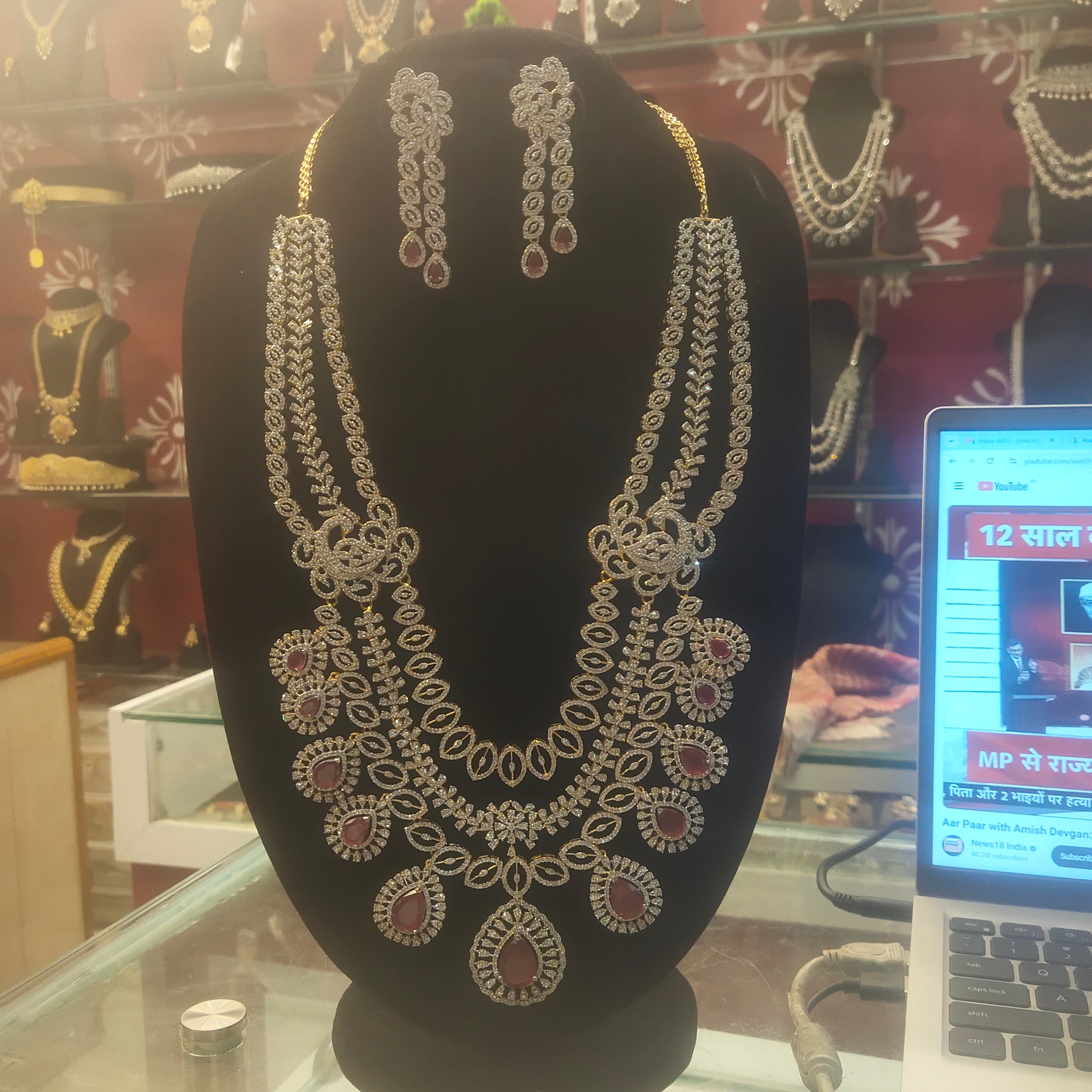 CZ Diamond & Ruby Long Necklace Set with Earrings 407497344590