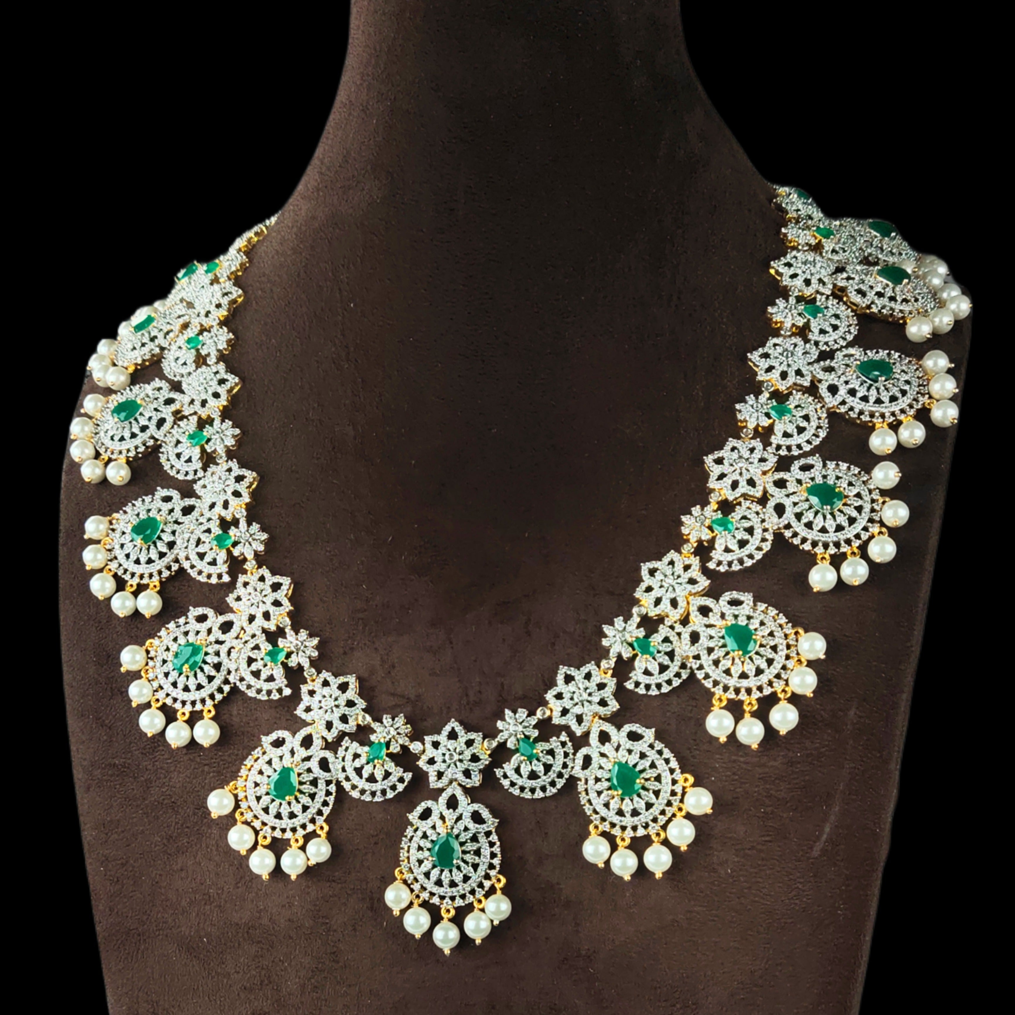 CZ Diamond Long Haram Necklace Set with Pearl Drops | Ruby & Emerald | 26 Inch