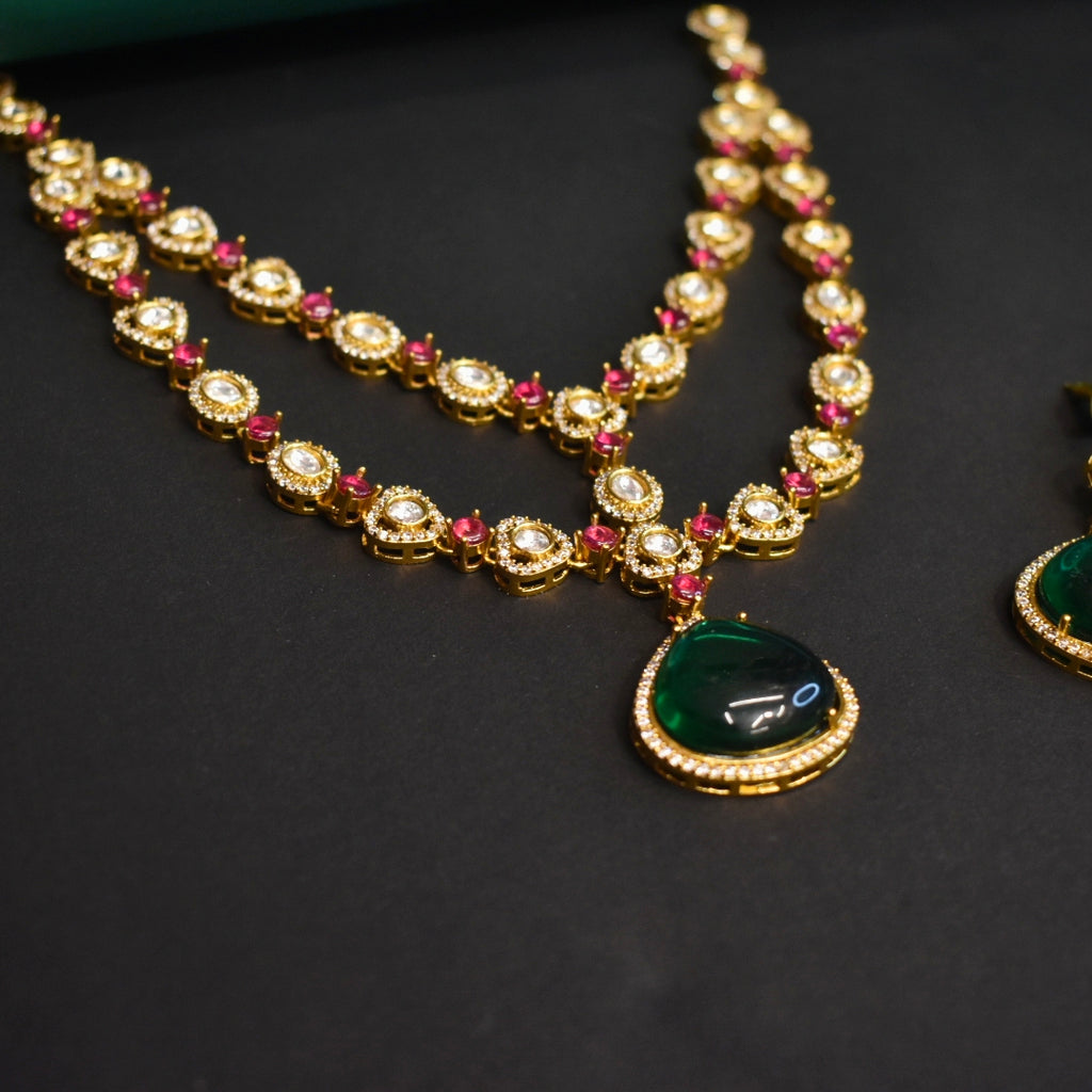 Asp Gold Plated Polki CZ Double Layer Necklace Set