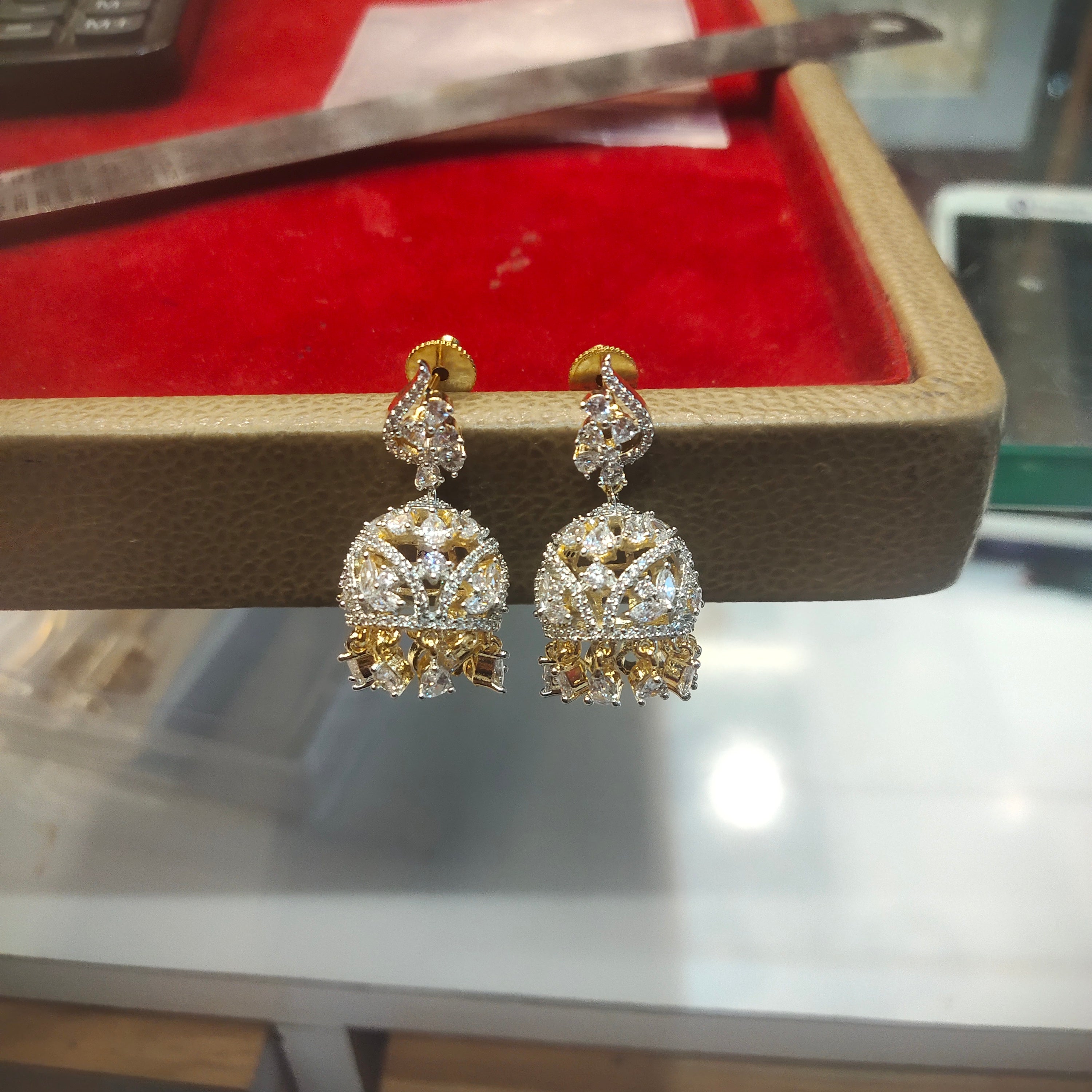 Premium American Diamond Temple Jhumka Earrings with Drops