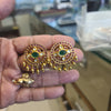 Round Kundan Kempu Studs | Emerald Center, Polki Accents, Gold Bead Drops | Screw Back