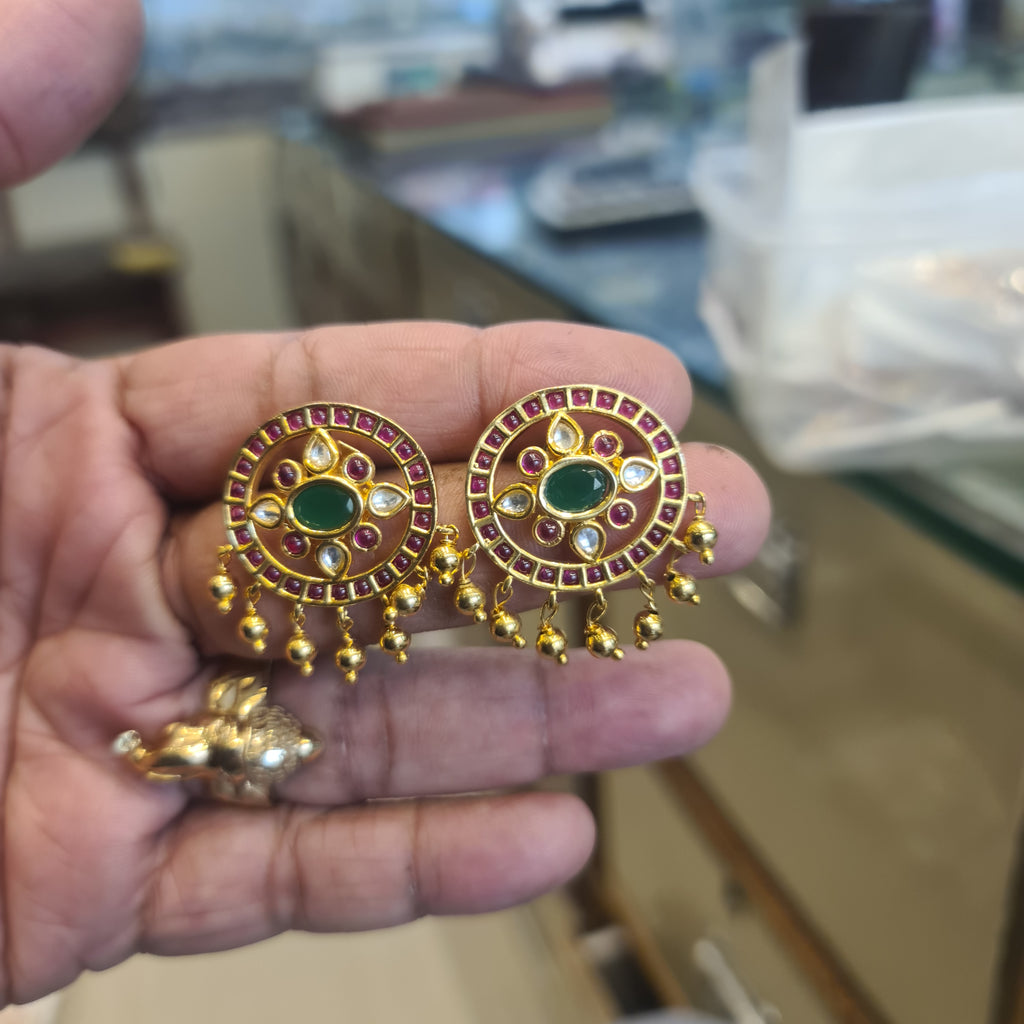 Round Kundan Kempu Studs | Emerald Center, Polki Accents, Gold Bead Drops | Screw Back