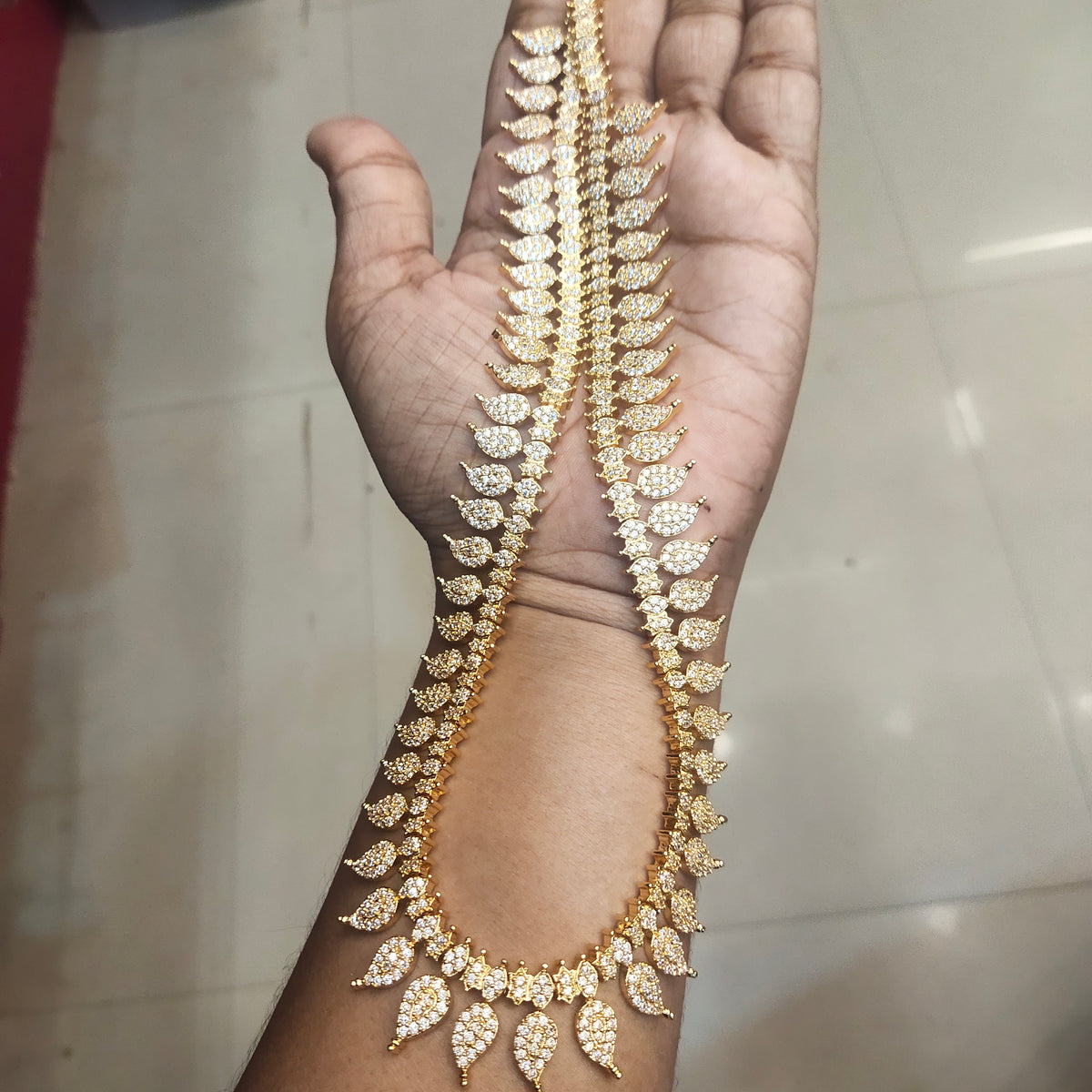 24K Gold Plated Zircon Long Necklace Set - South Indian Traditional Design