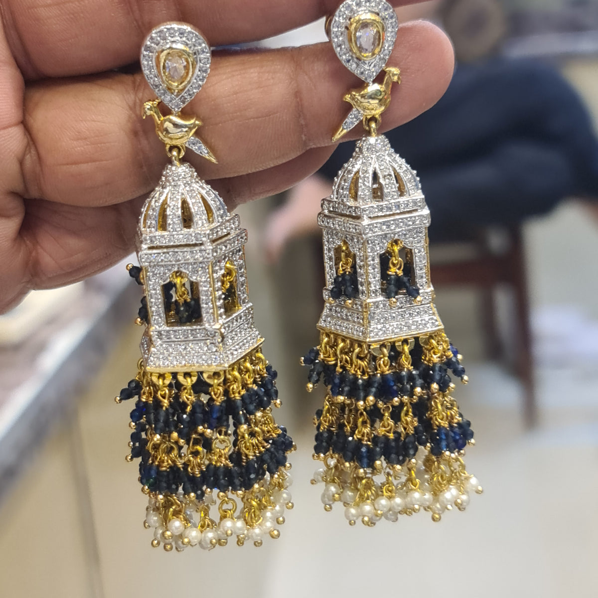 Temple Cage Jhumka Earrings – Screw Back | CZ Diamond with Bird Motif