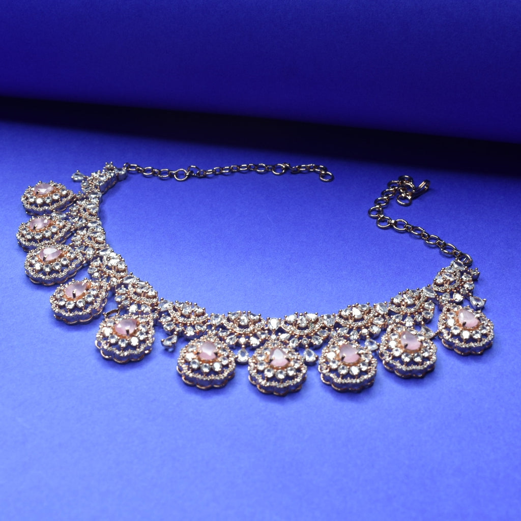 Sparkling Rose Gold CZ Necklace Set - Cubic Zircon Jhumka Jewelry