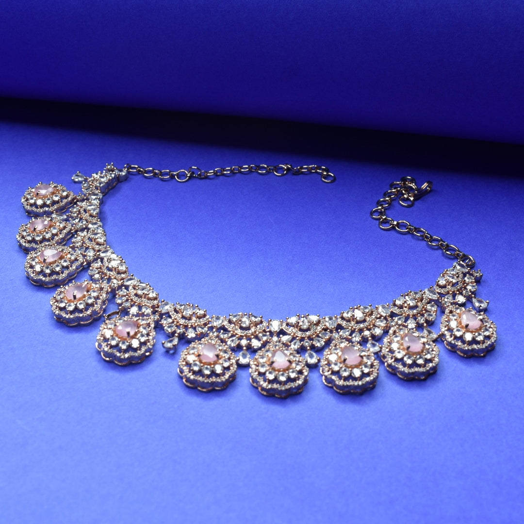 Sparkling Rose Gold CZ Necklace Set - Cubic Zircon Jhumka Jewelry