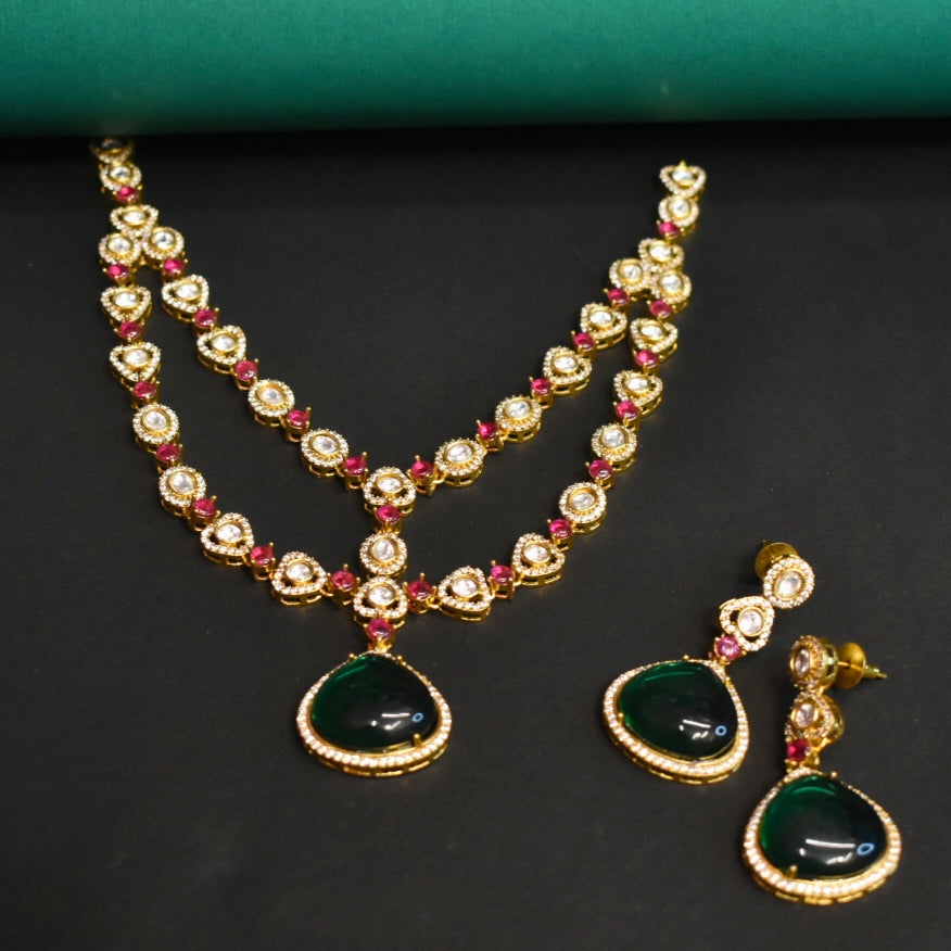 Asp Gold Plated Polki CZ Double Layer Necklace Set