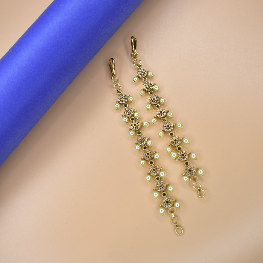 Antique CZ Pearl Champaswaralu Ear Chains - Vintage Elegance