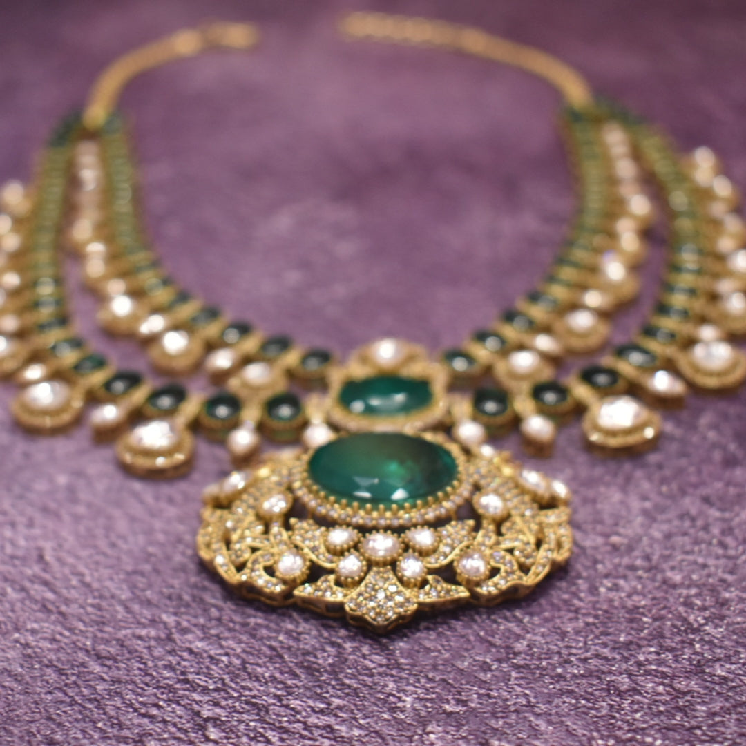 Moissanite Kundan Necklace Set - 24K Gold Emerald Maang Teeka Wedding Jewelry