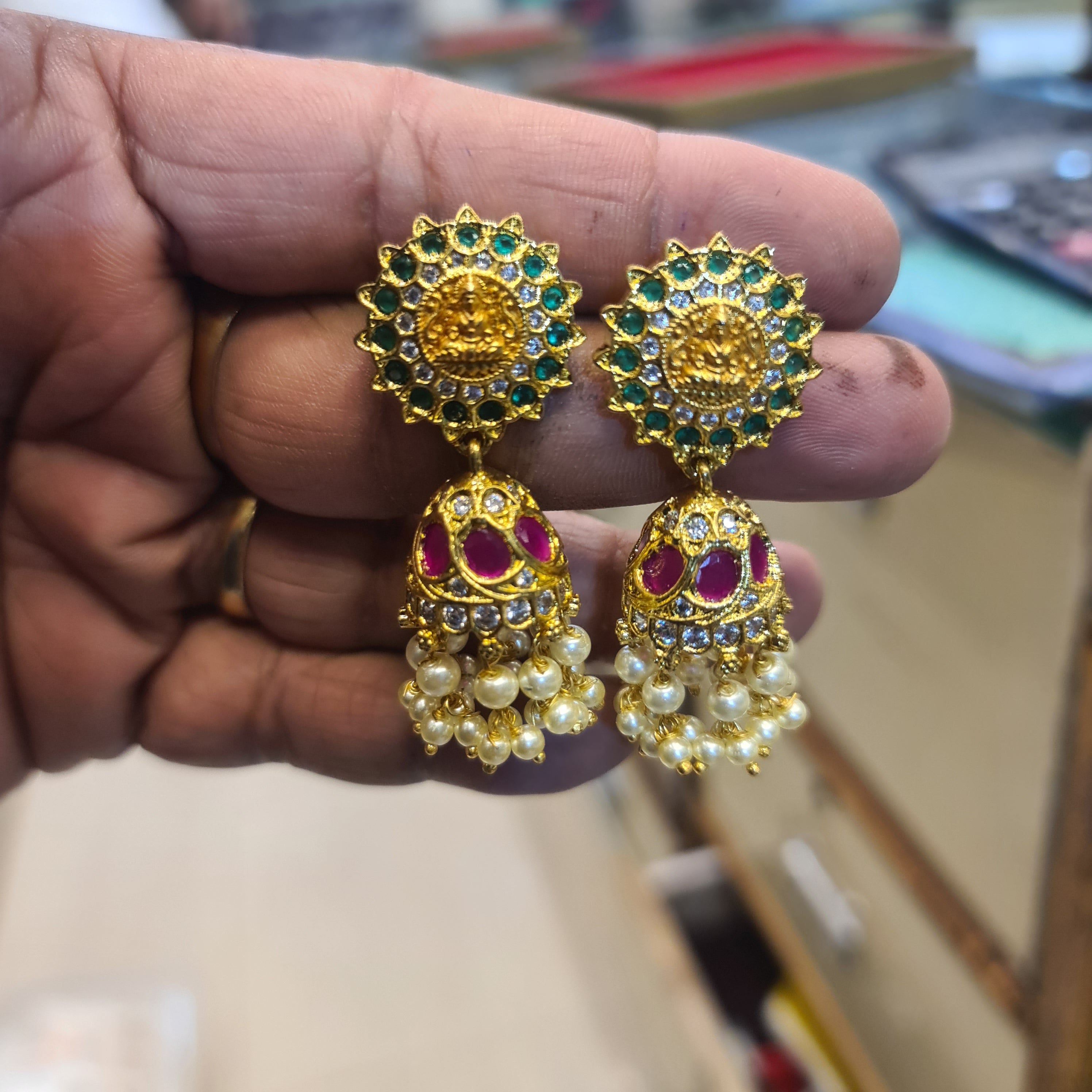 Lakshmi Sunburst CZ Jhumka with Kempu & Pearl Drops | Temple Earrings
