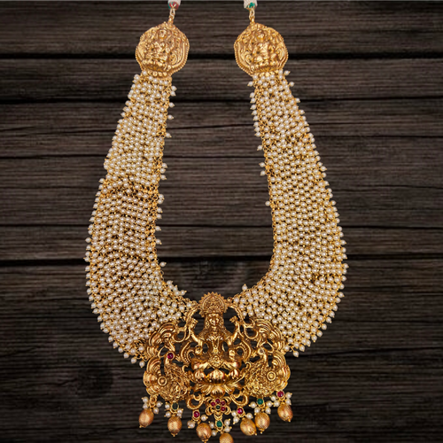 24K Gold Plated Temple Guttapusalu Haram Necklace Set with Lakshmi Peacock - Antique Kemp Jewelry