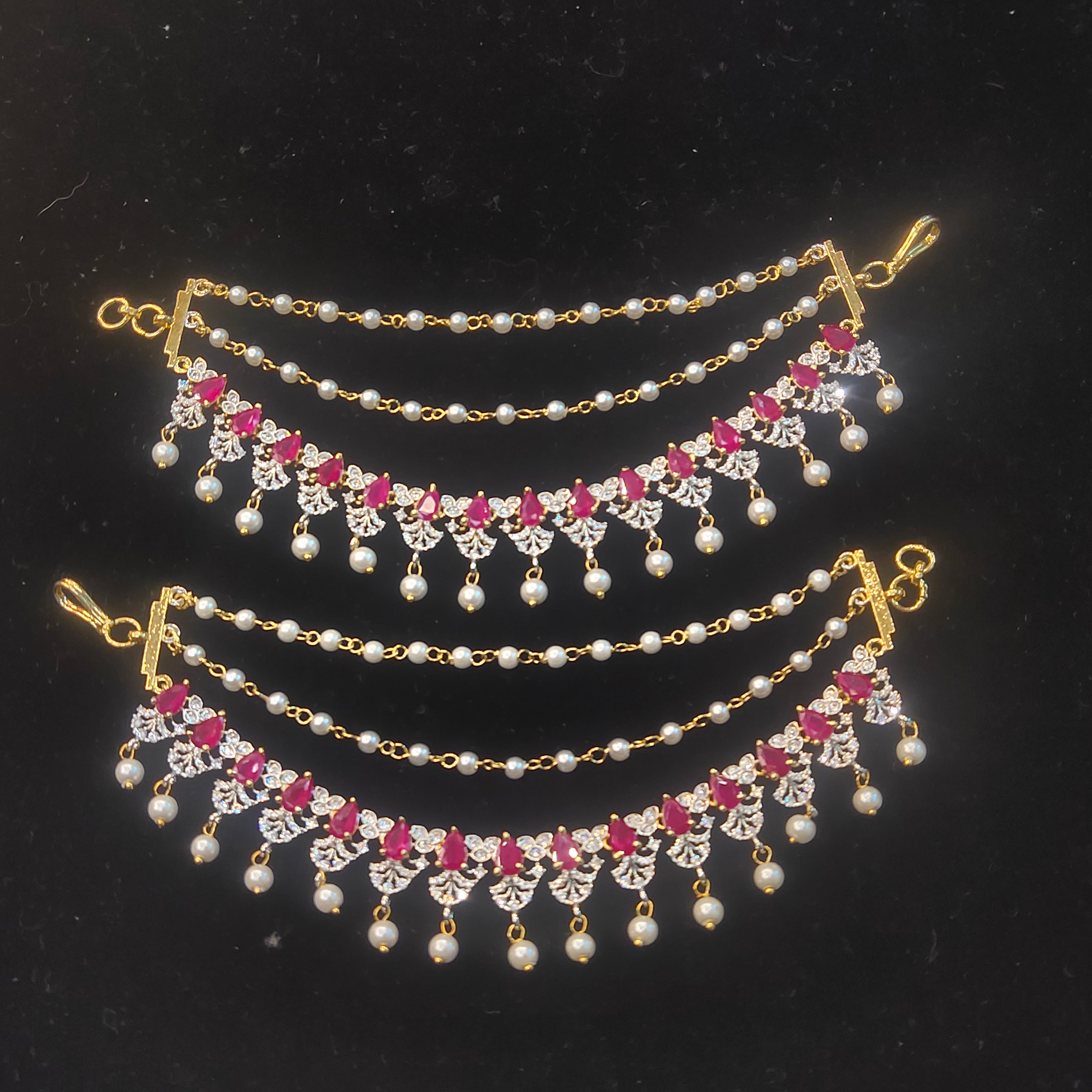 CZ Ruby Red Pearl Ear Chain | Bridal Kan Chain | Gold Plated