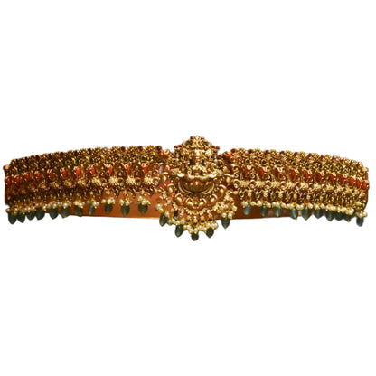 "Goddess Lakshmi's Blessing: A Stunning Antique Vaddanam Adorned with Coral & Kempu Stones for Your Wedding Day"