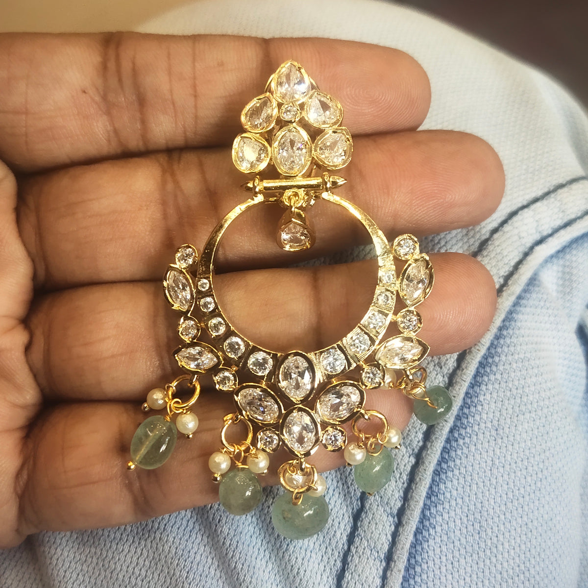Zircon Temple Earrings with Mint Green Beads