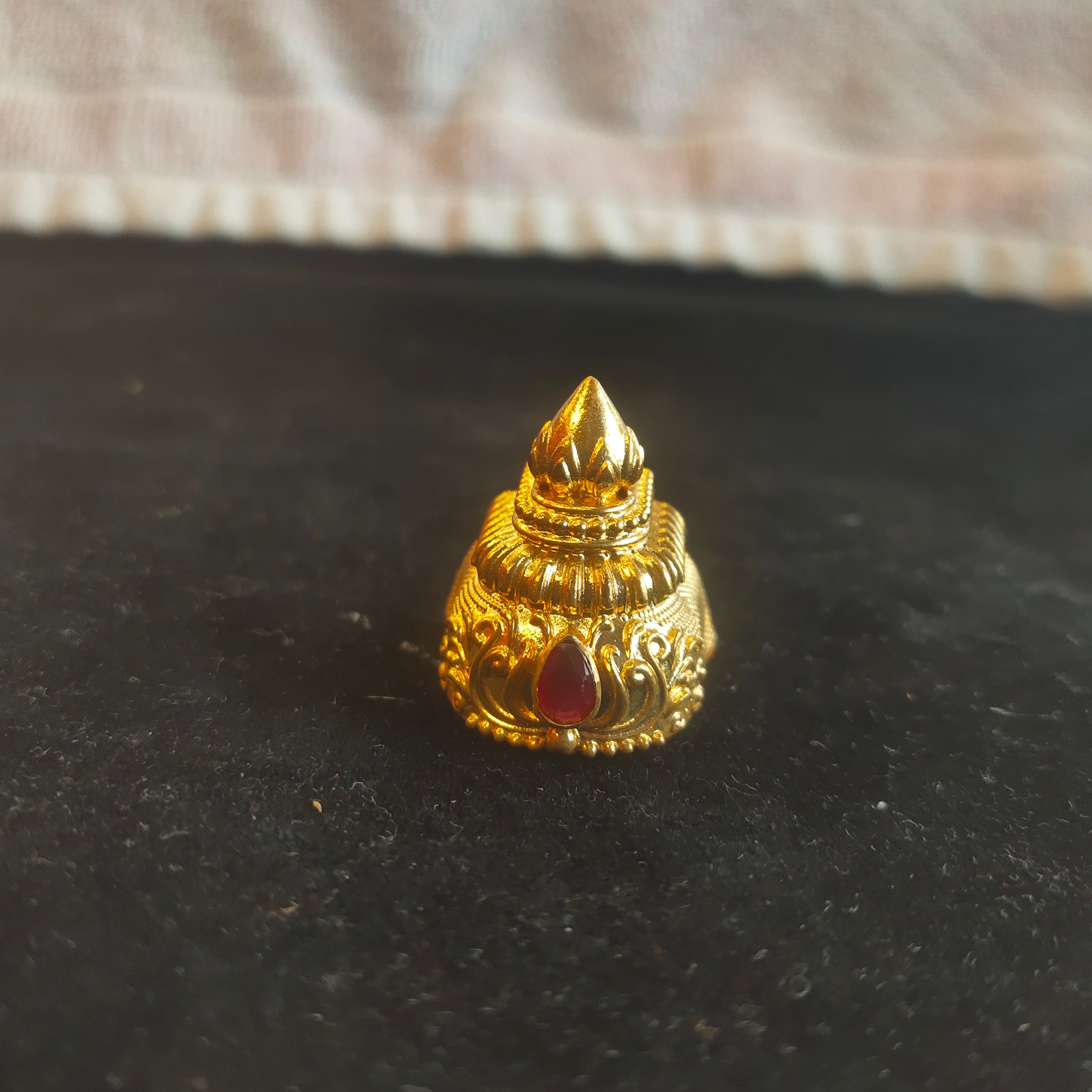 Panchaloha Gold Mukut for Deity Idol - Ornate Scrollwork Temple Crown with Ruby Stone