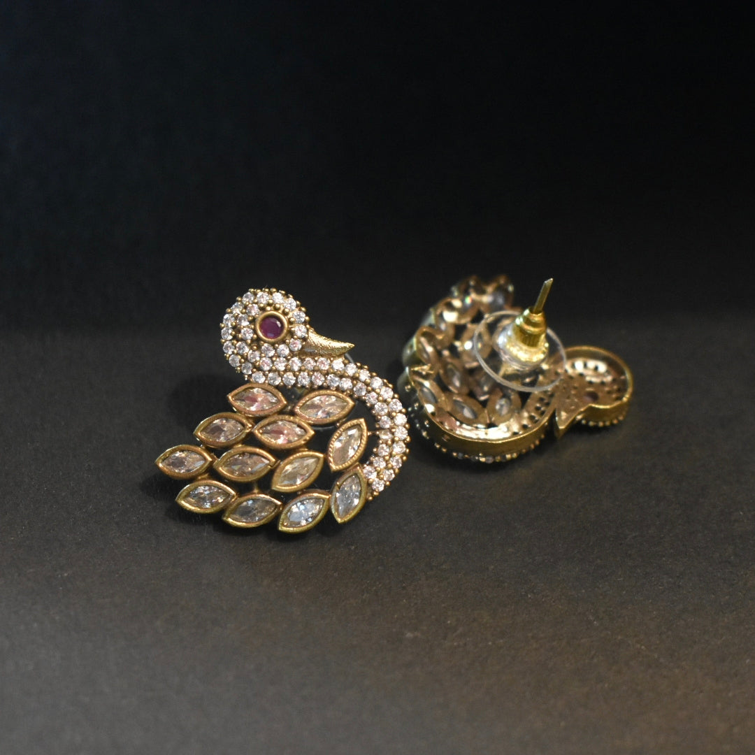 Victorian Zircon Peacock Stud Earrings - Traditional Elegant Design