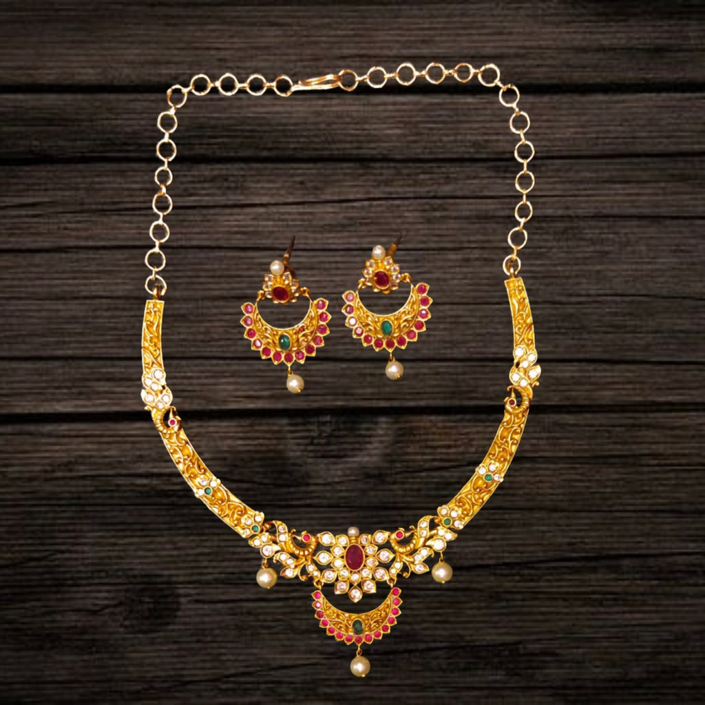 Matte Finish Kanti Necklace Set | CZ Peacock Design with Pearl Earrings