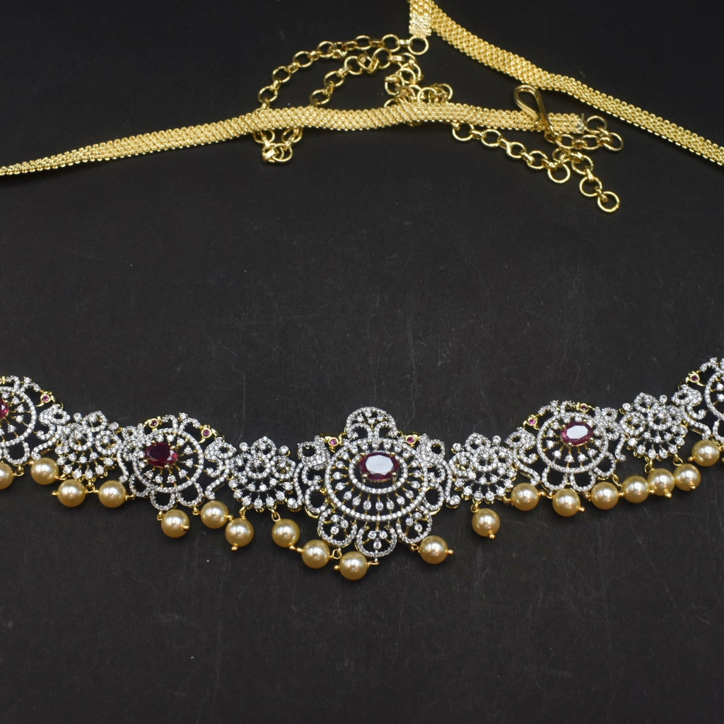 Zircon Rhodium-Gold Double Tone Diamond Look Chain Vaddanam for Bride