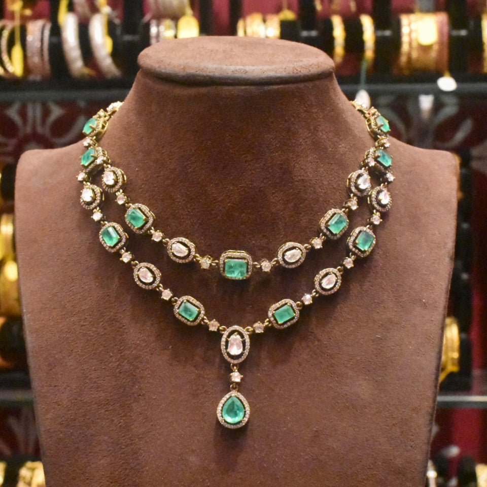 Asp  Victorian Green Emeralds Polki Kundan Necklace Set