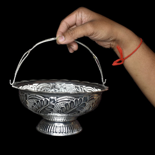 "Shine Bright: The Elegant Silver Asp Pooja Flower Basket for Your Sacred Space"
