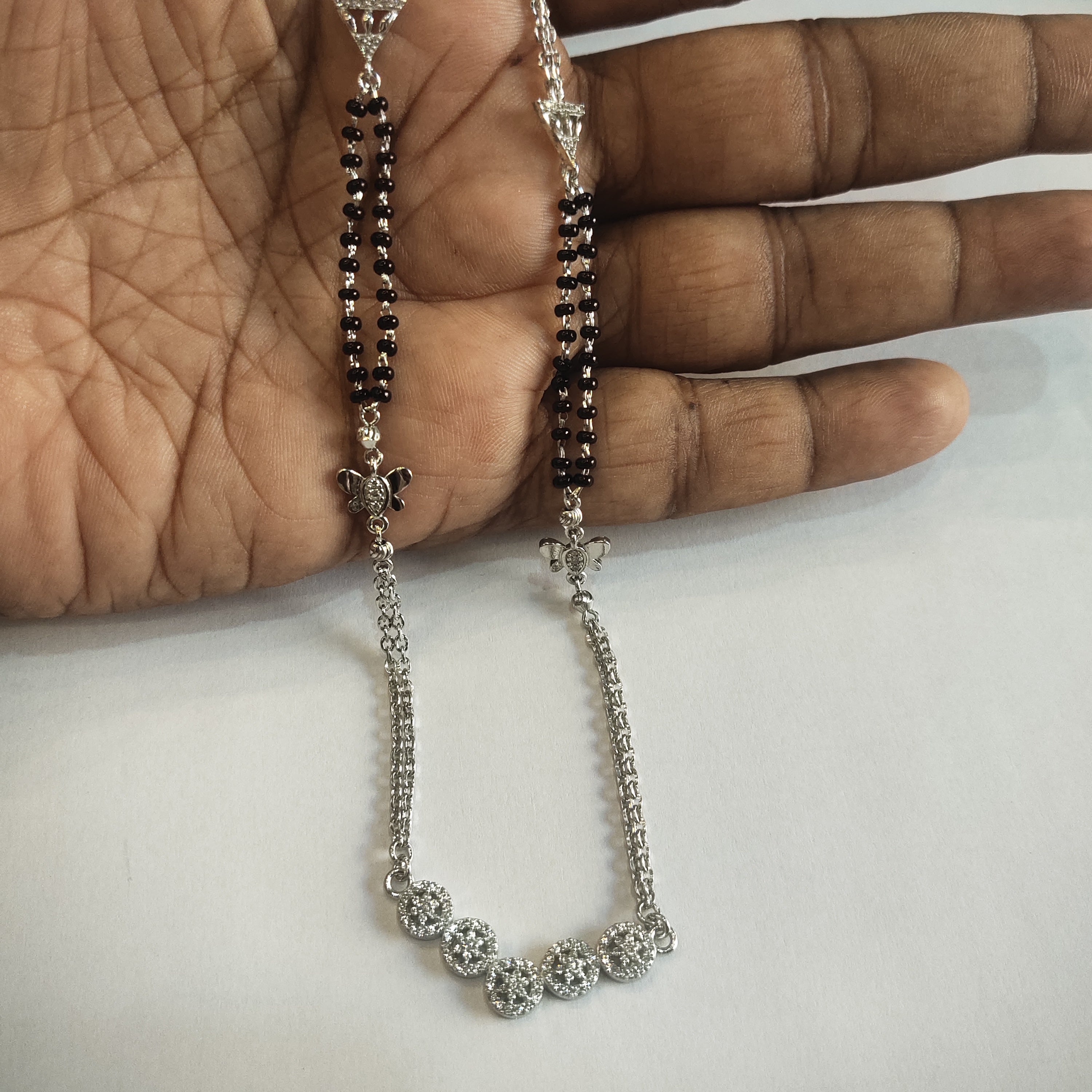 925 Silver Black Beads Mangalsutra Necklace with Diamond Pendant