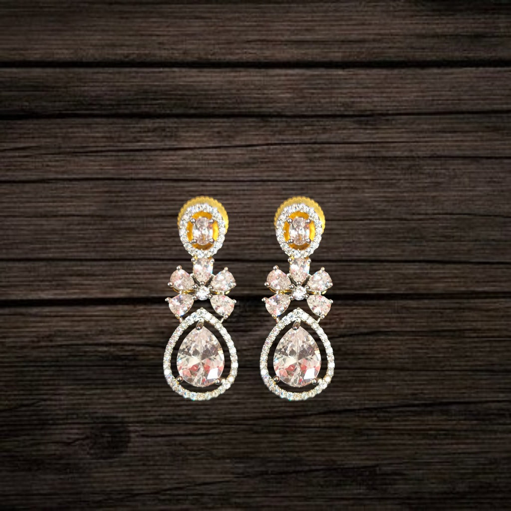 CZ Teardrop Flower Drop Earrings — American Diamond | 24K Gold Plated | Wedding