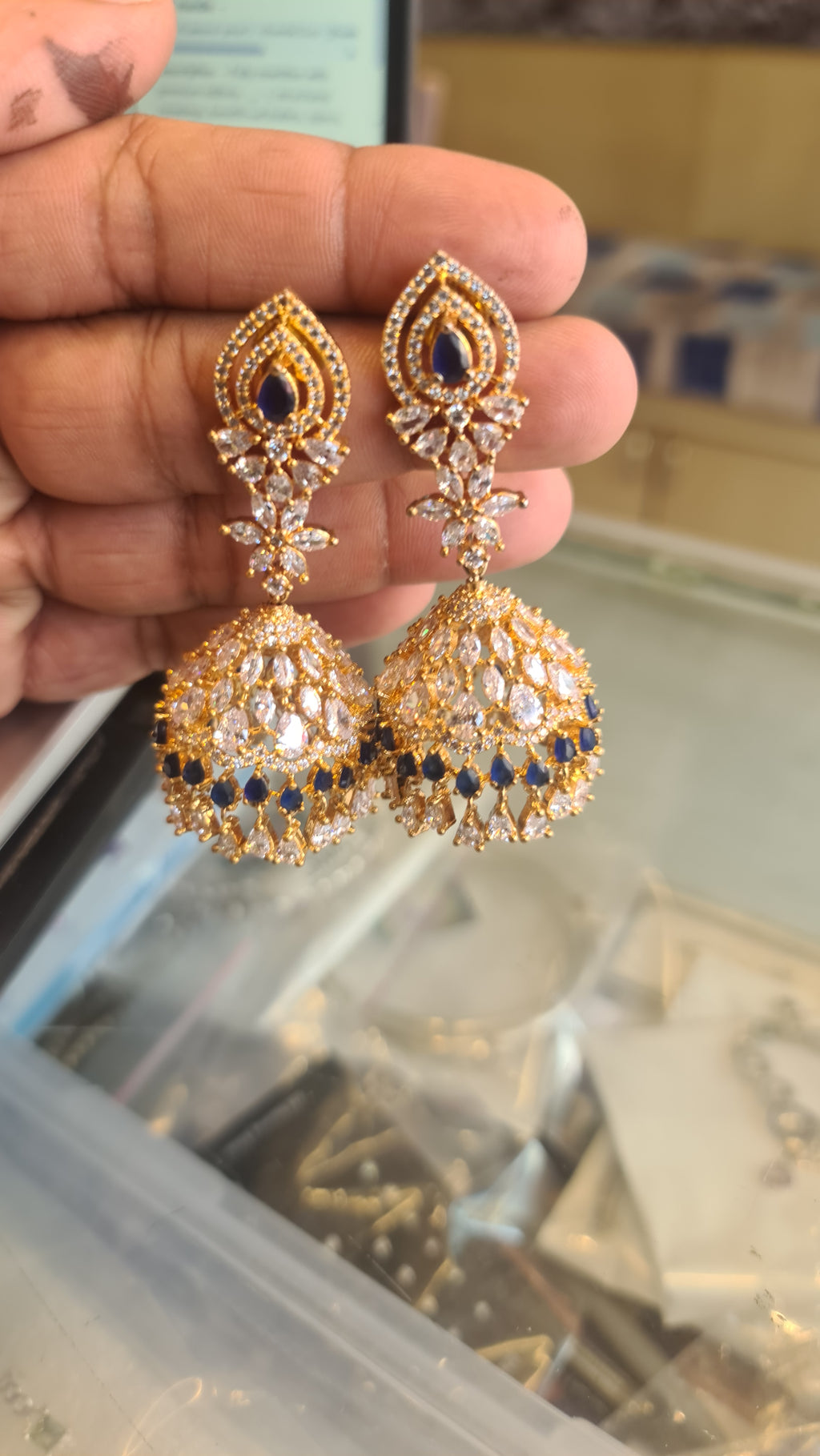 360° Rotating CZ Jhumka Earrings | Push Back | 24K Gold & Rose Gold