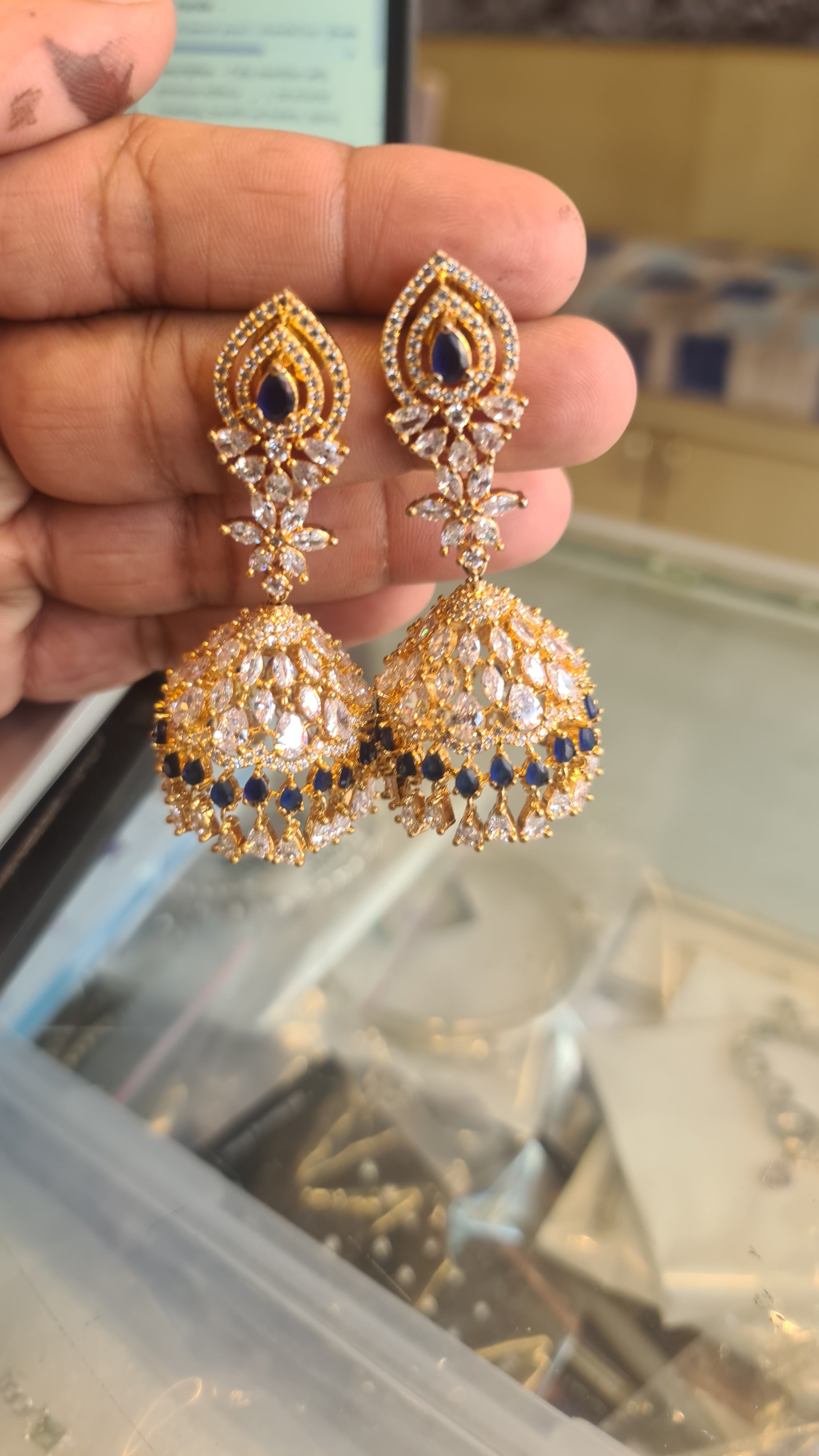 360° Rotating CZ Jhumka Earrings | Push Back | 24K Gold & Rose Gold