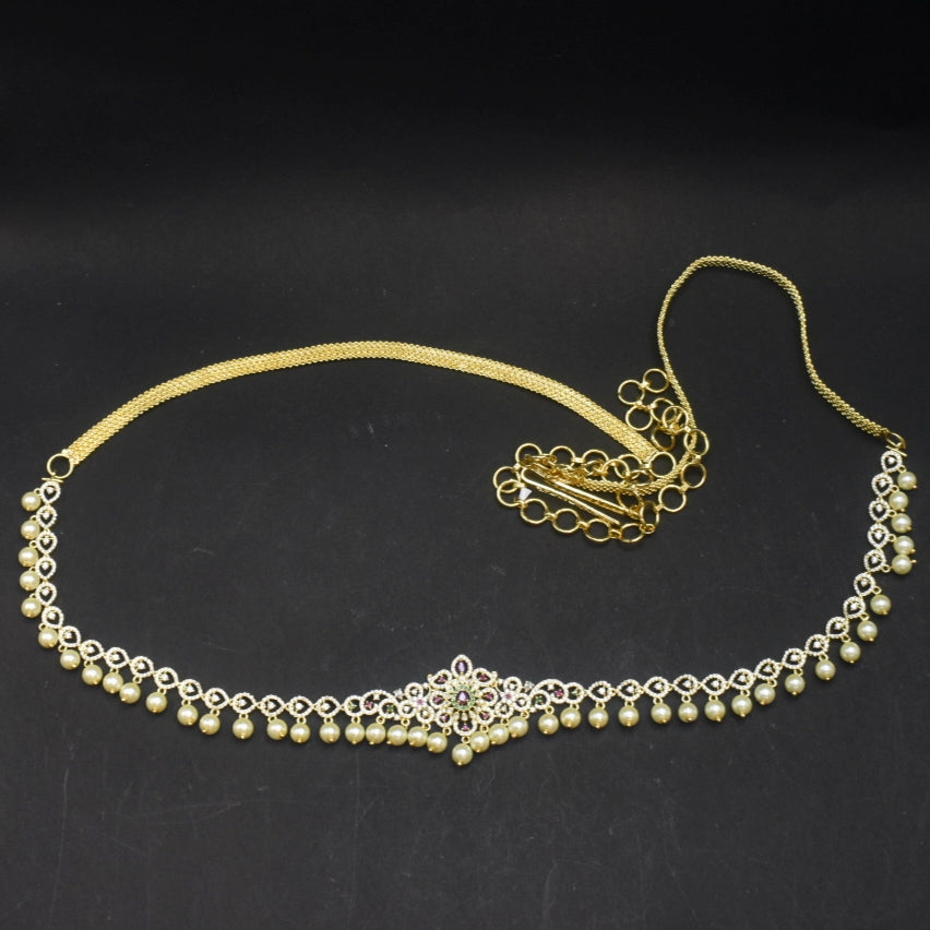Stunning Zircon 24K Gold Plate Stylish Chain Vaddanam.