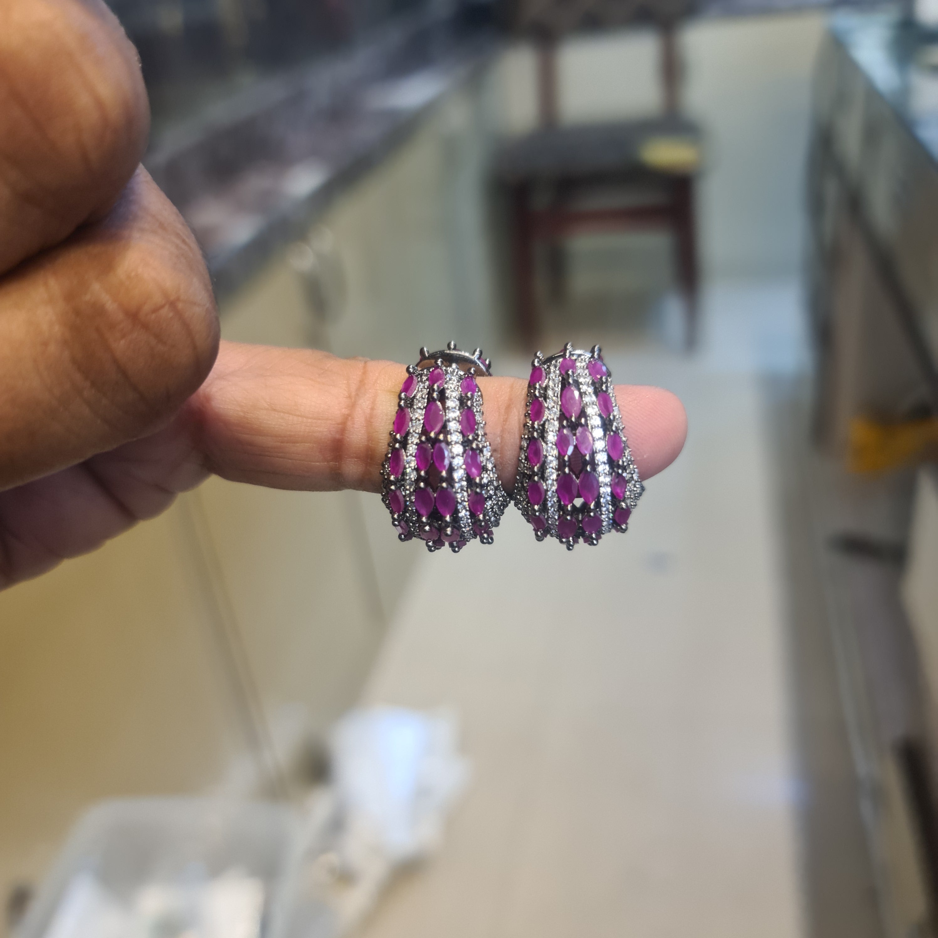 Victorian Bali Hoop Earrings | Black Rhodium Finish | Ruby & White CZ