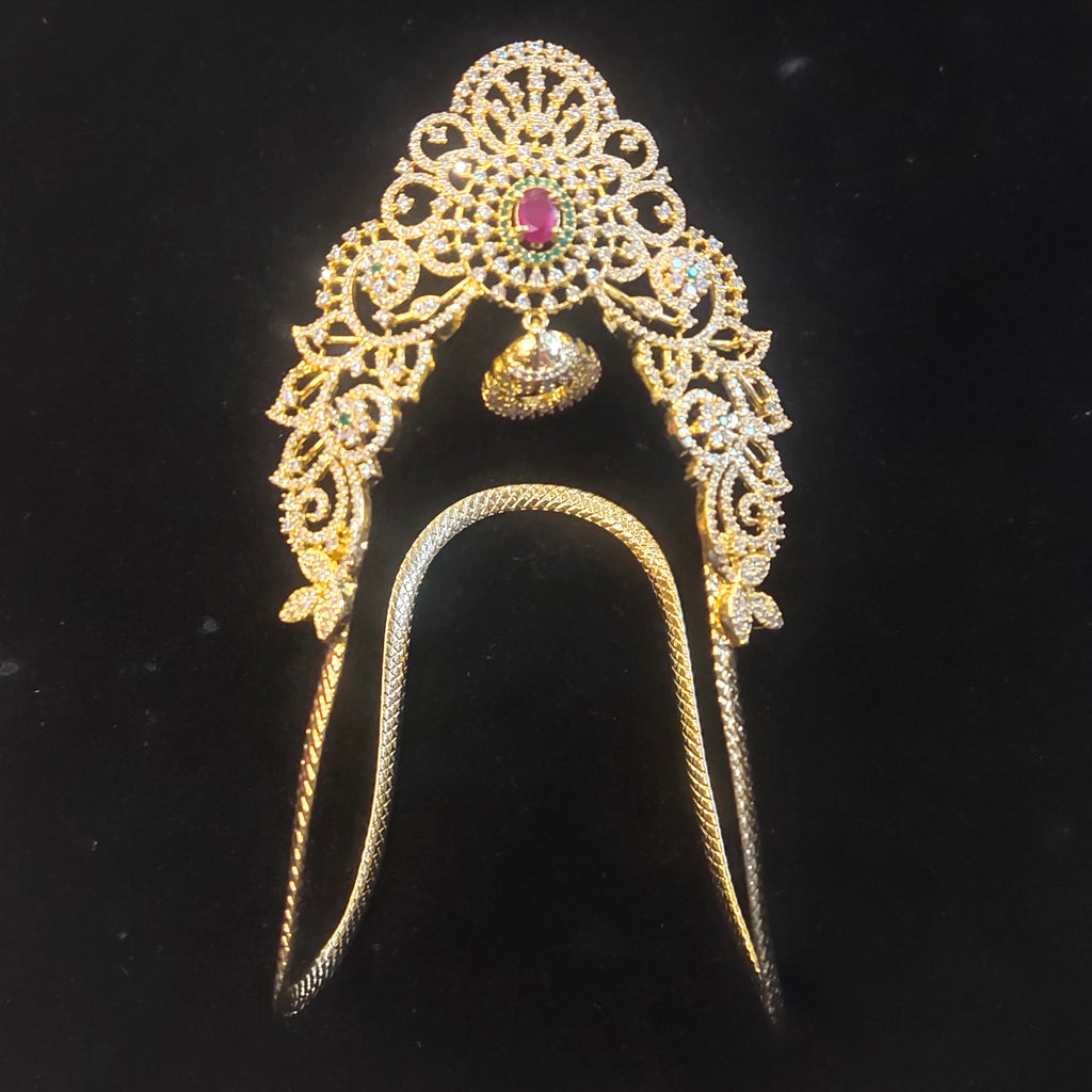 Gold Plated CZ Bridal Armlet - Traditional Vanki with Ruby & Emerald Stones