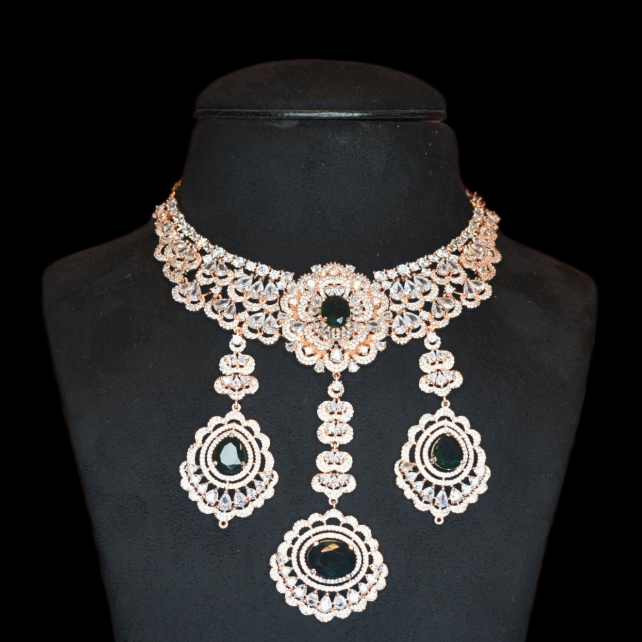 Regal Rose Gold American Diamond Necklace Set with Pearls - Bridal Choker