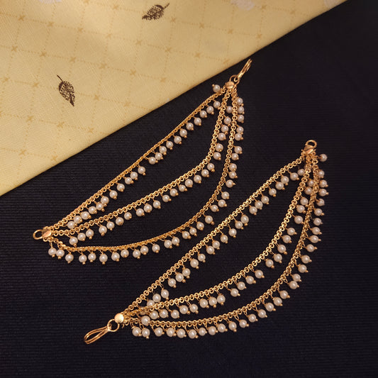 "Glamour Meets Class: Unveiling the Exquisite 3 Layered Pearl maatil /Ear Chain by Asp Fashion Jewellery"