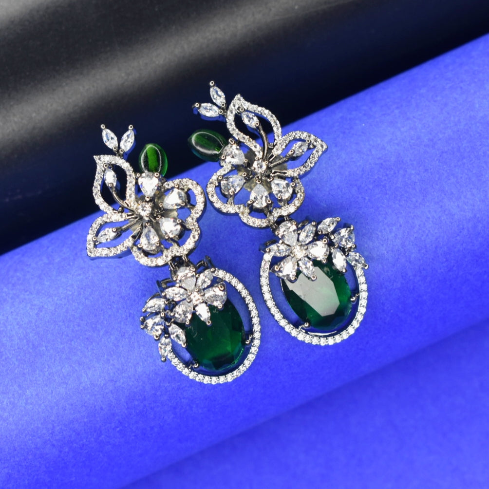 Emerald Green CZ American Diamond Dangler Earrings - Oxidised Silver