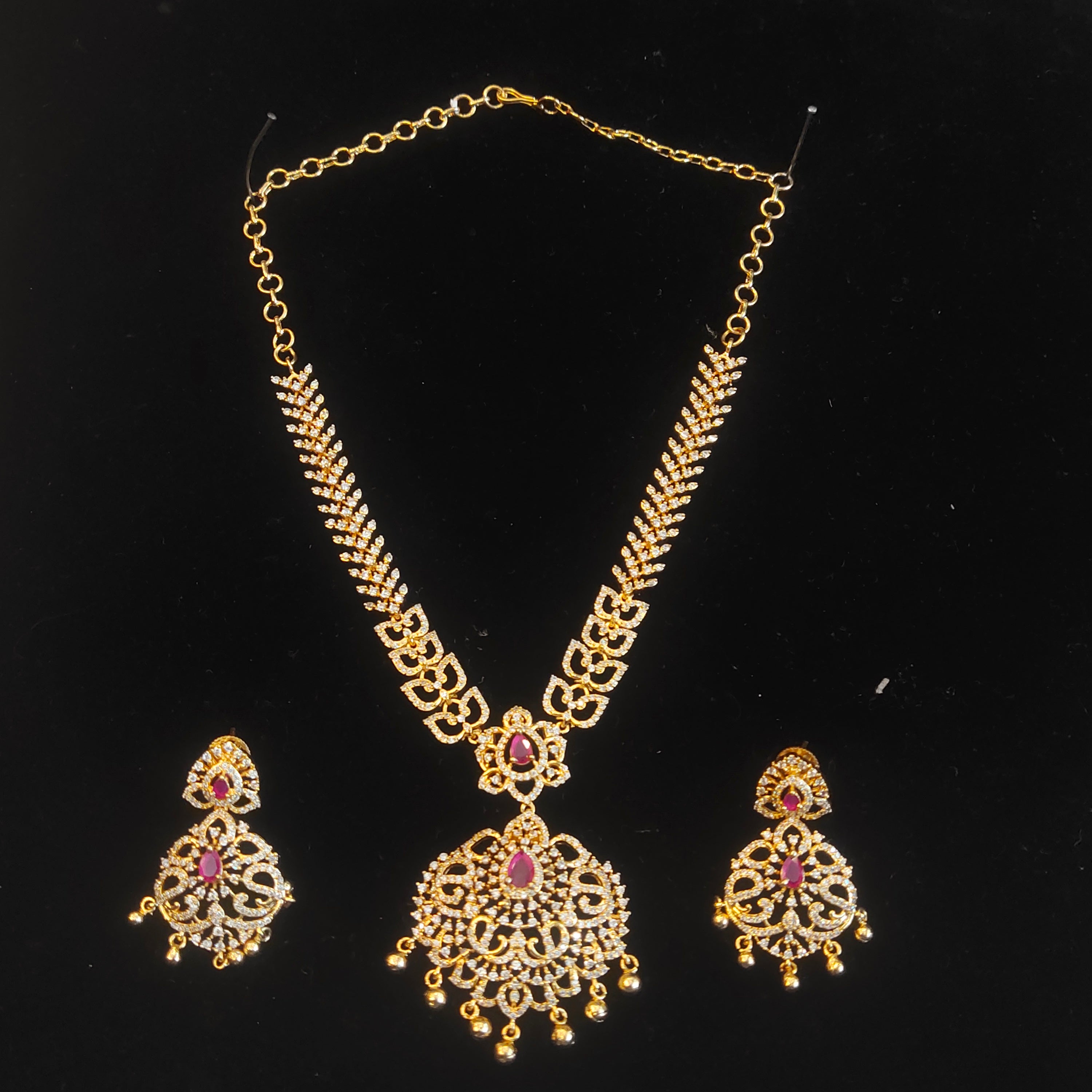 CZ Ruby Gold Necklace Set – 24K Gold Plated with Ruby Stones