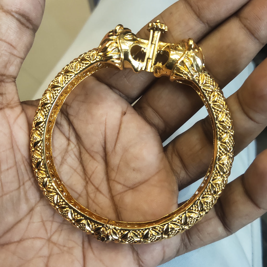 Openable Antique Roaring Simha Kada for Men - 24K Gold Plated
