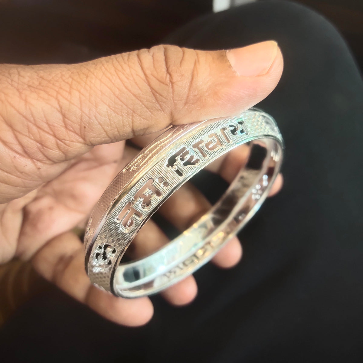 Men's Silver Kada - Om Namah Shivaya with Jaguar Design