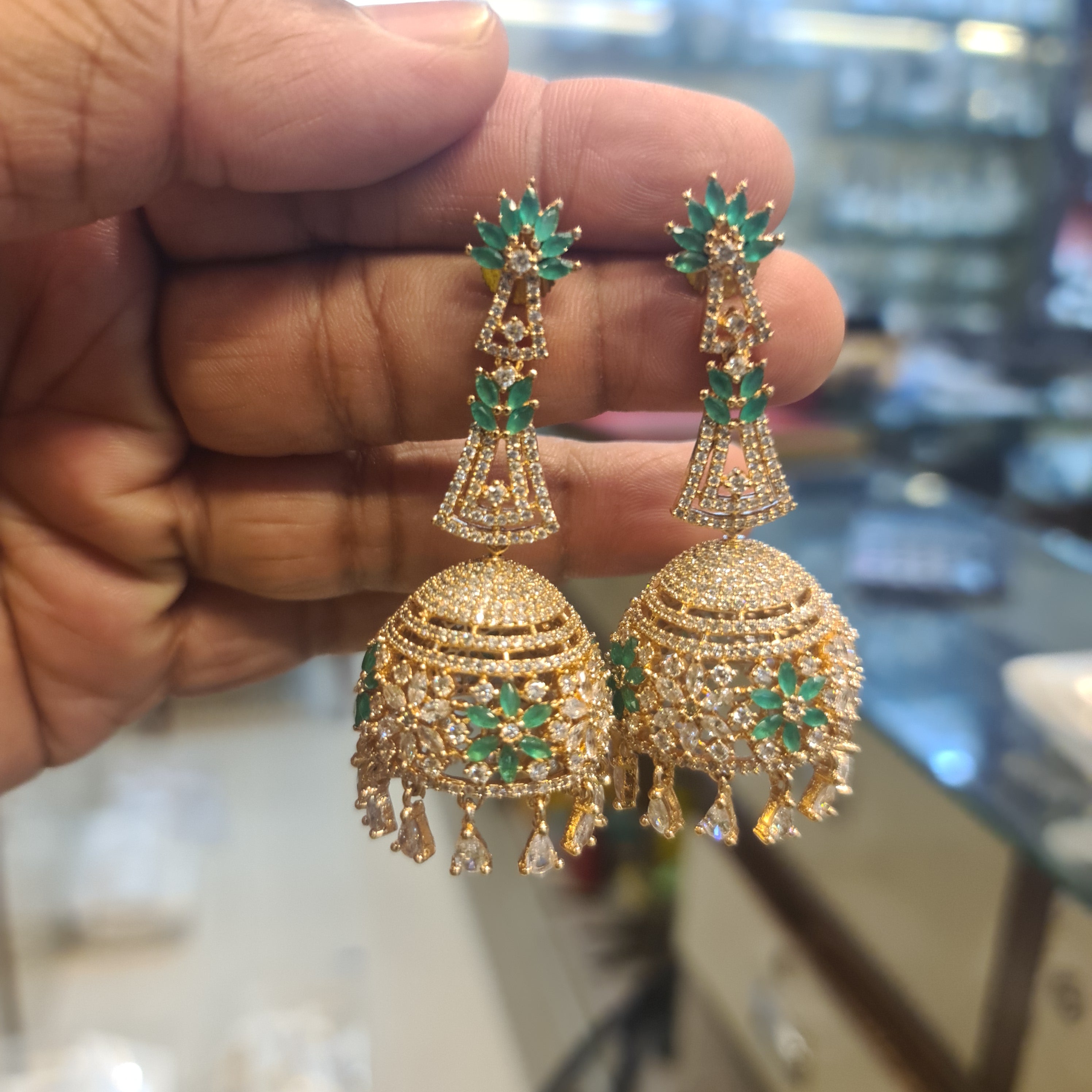 Rose Gold Plated CZ Long Jhumka Earrings | Push Back | Green