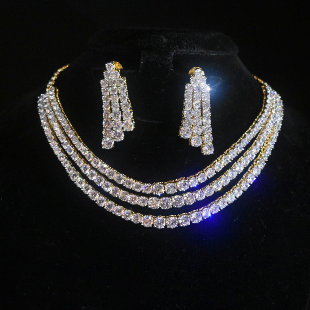 3 Layer Crystal Clear Solitaire Diamond Look Rhodium-Gold Double Tone Zircon Necklace Set with Earrings